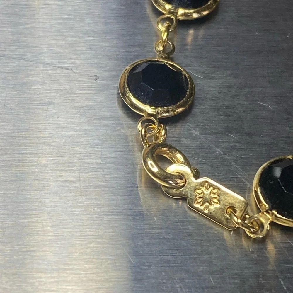 Vintage Gold Tone Bracelet & Earrings Set Black Faceted‎ Stones Sunburst Mark